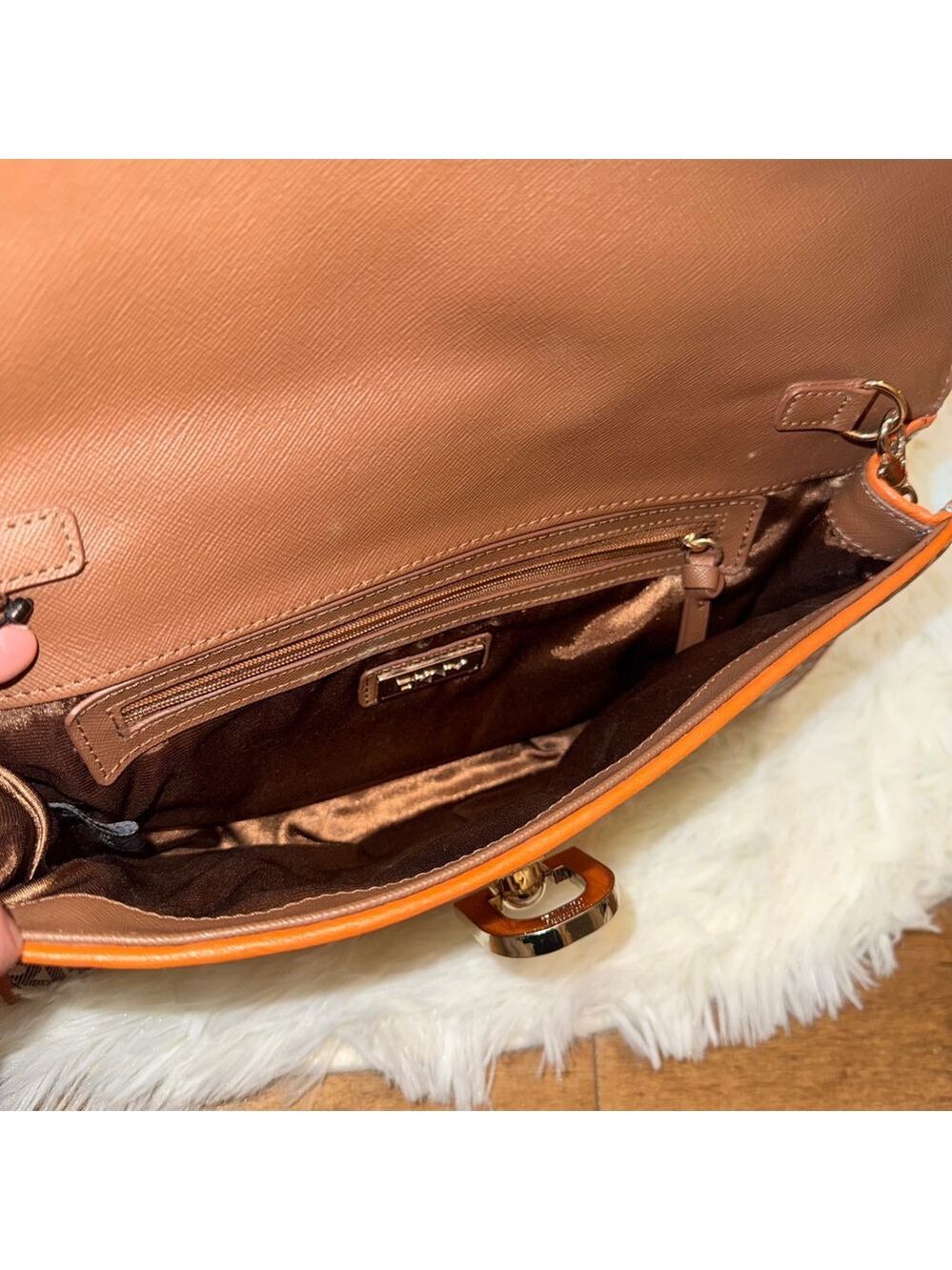 DKNY Monogram Shoulder Bag Vintage Y2K Orange Leather Trim Small Purse Womens - Picture 5 of 5